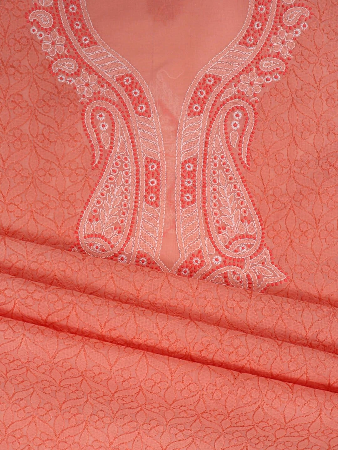 Ada Hand Embroidered Peach Cotton Lucknowi Chikankari Unstitched Kurta Piece 01A215003