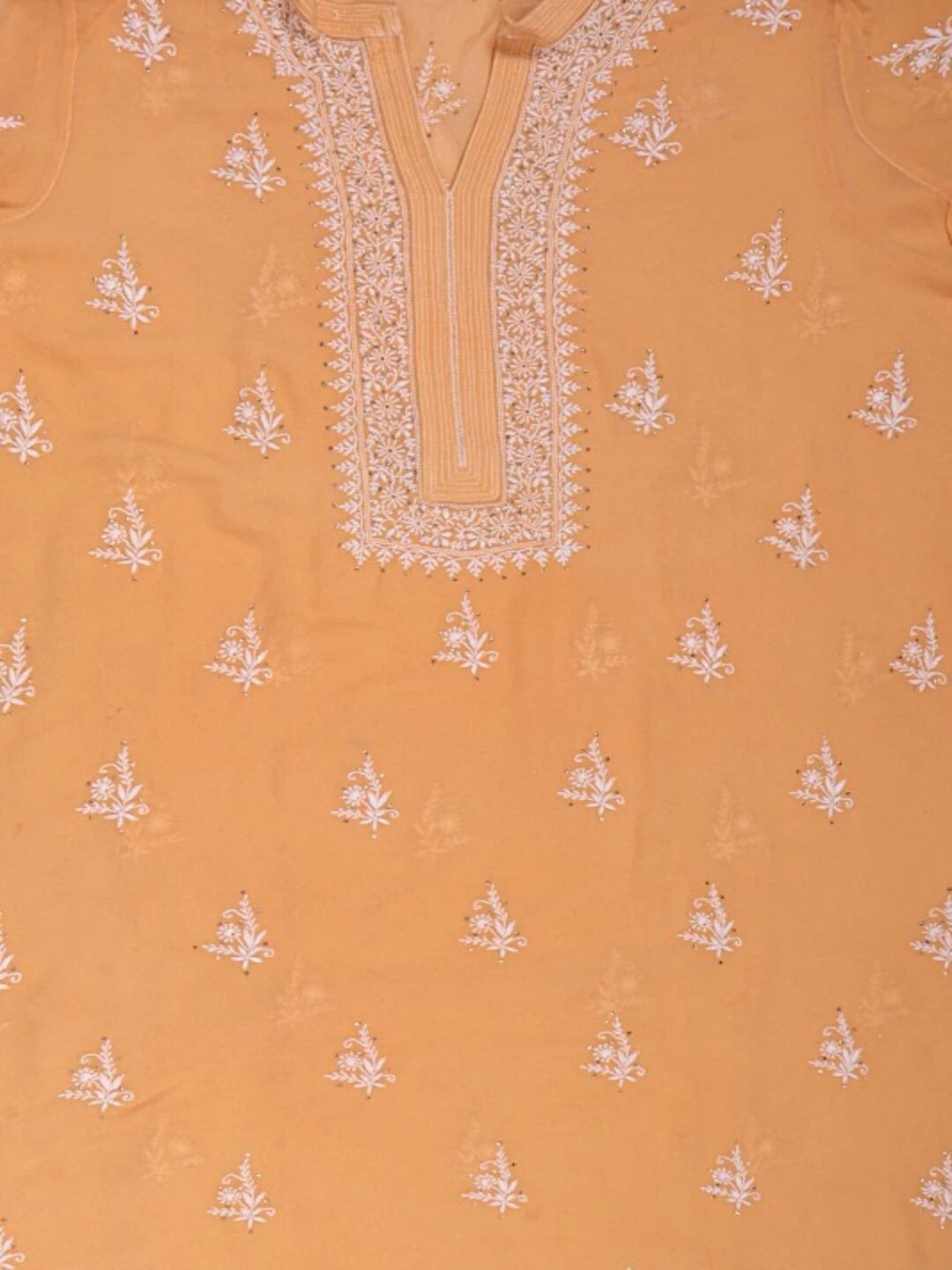 Ada Hand Embroidered Peach Pure Georgette Lucknowi Chikankari Semi-Stitched Kurta Piece With Muqaish Work A482888