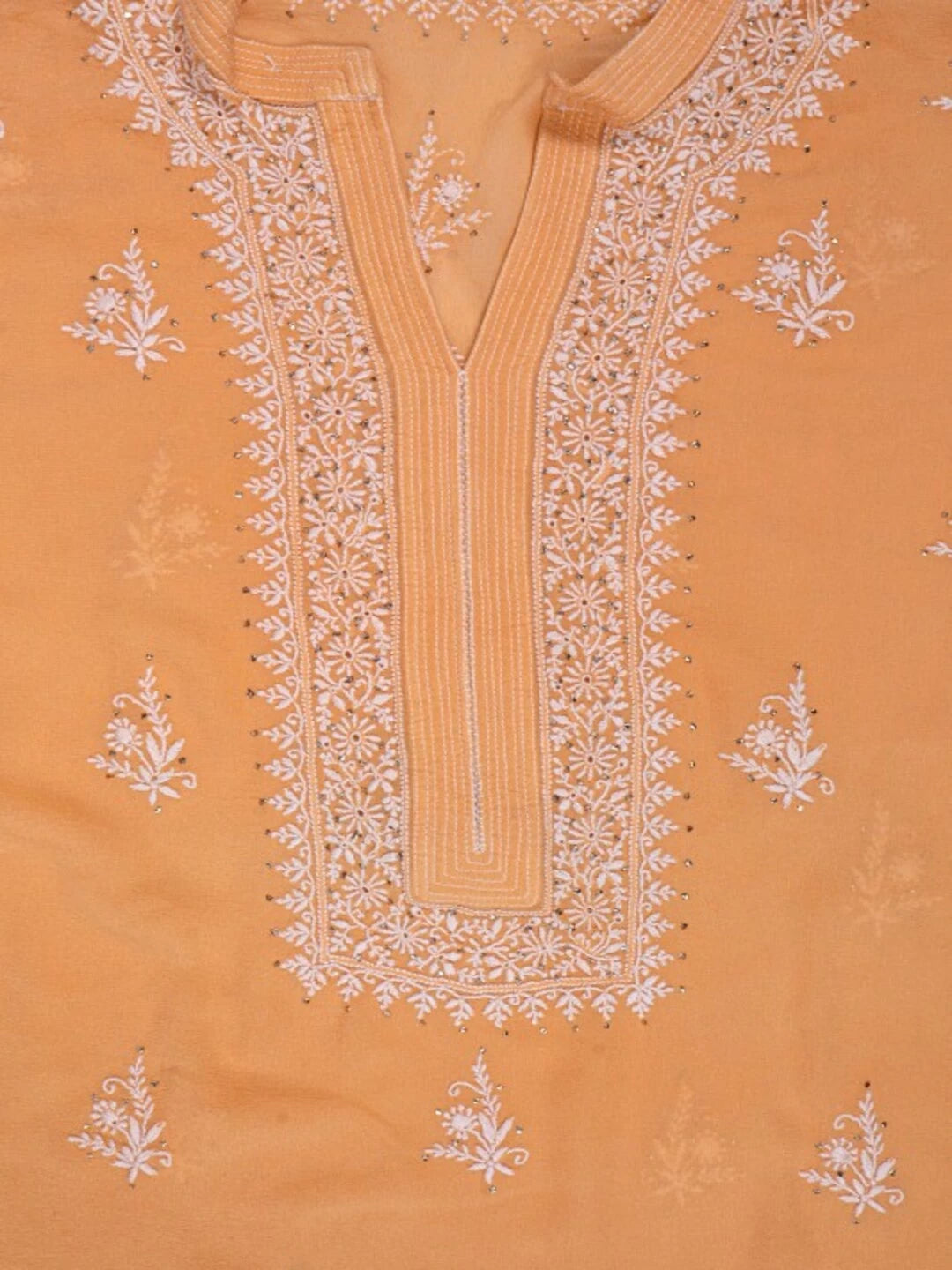 Ada Hand Embroidered Peach Pure Georgette Lucknowi Chikankari Semi-Stitched Kurta Piece With Muqaish Work A482888
