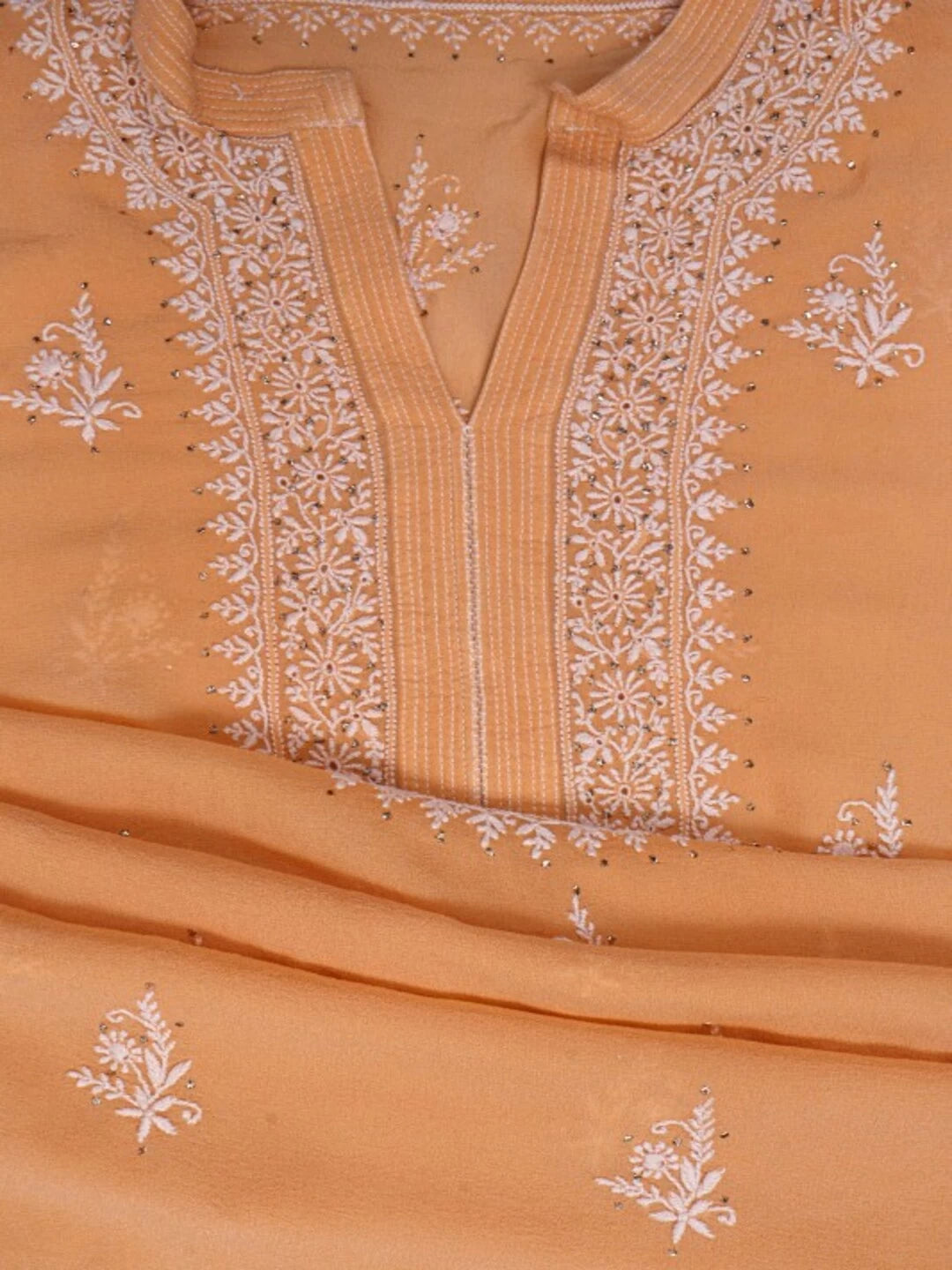 Ada Hand Embroidered Peach Pure Georgette Lucknowi Chikankari Semi-Stitched Kurta Piece With Muqaish Work A482888