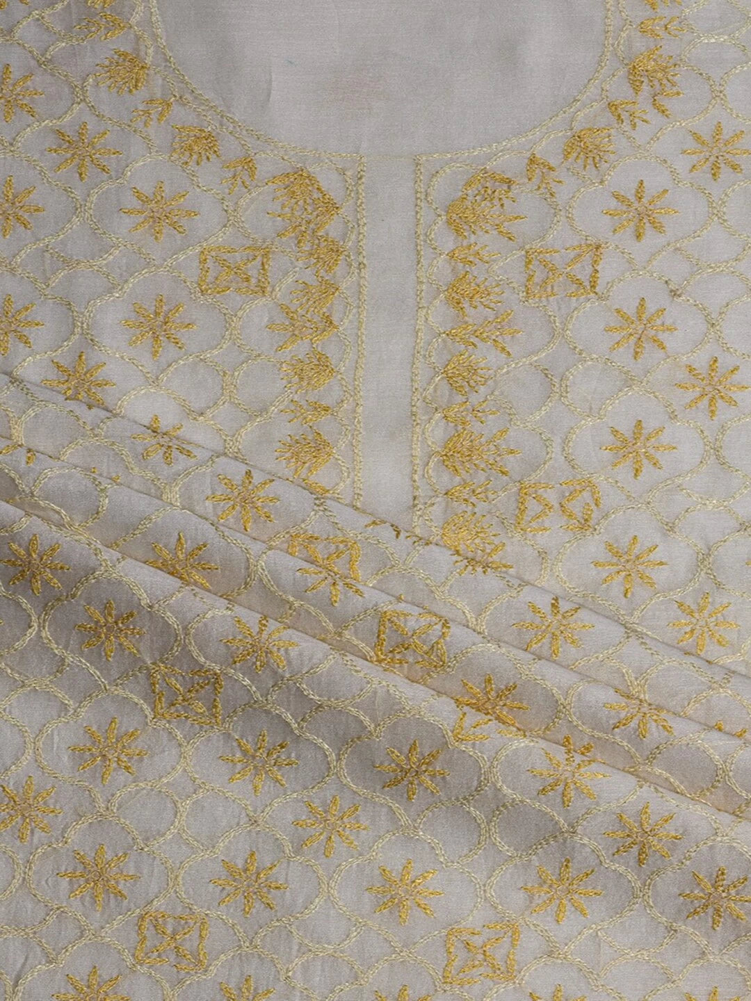Ada Hand Embroidered Cream Chanderi Lucknowi Chikankari Unstitched Kurta Piece A401697