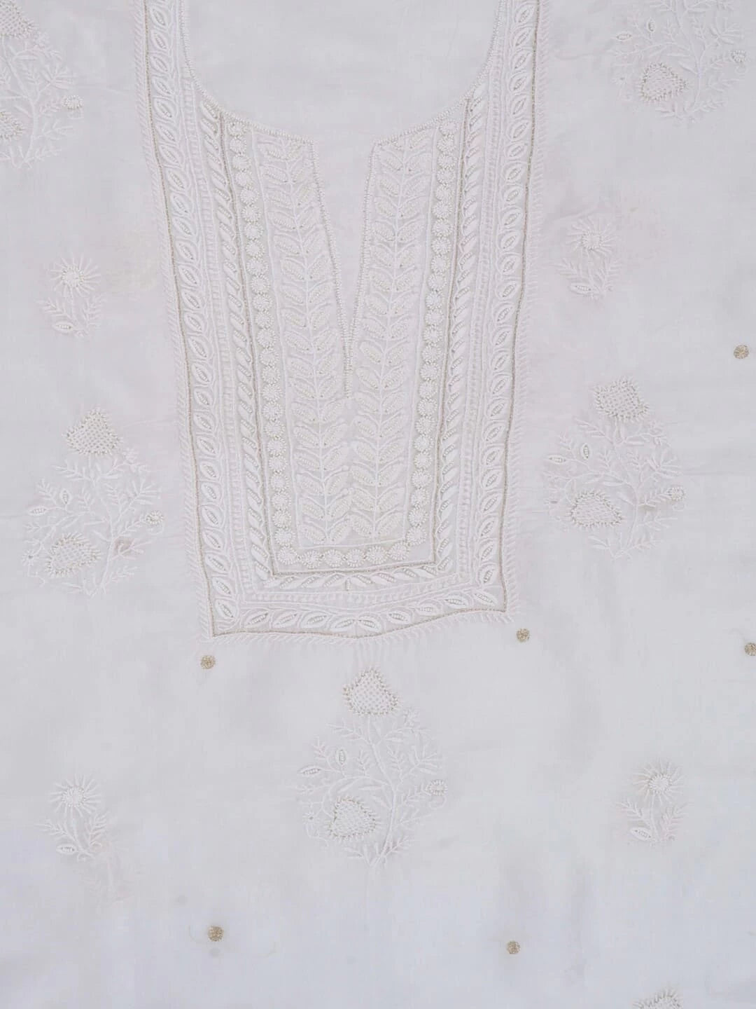 Ada Hand Embroidered White Organza Lucknowi Chikankari Unstitched Kurta Piece With Pearl Work 01A58431