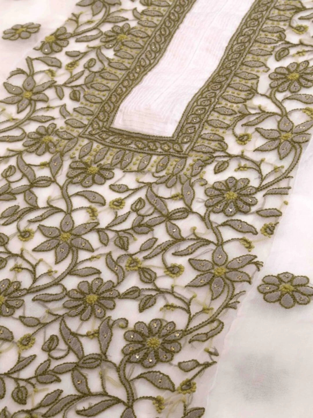 Ada Hand Embroidered White Organza Lucknowi Chikankari Unstitched Kurta Piece With Muqaish Work 01A12212