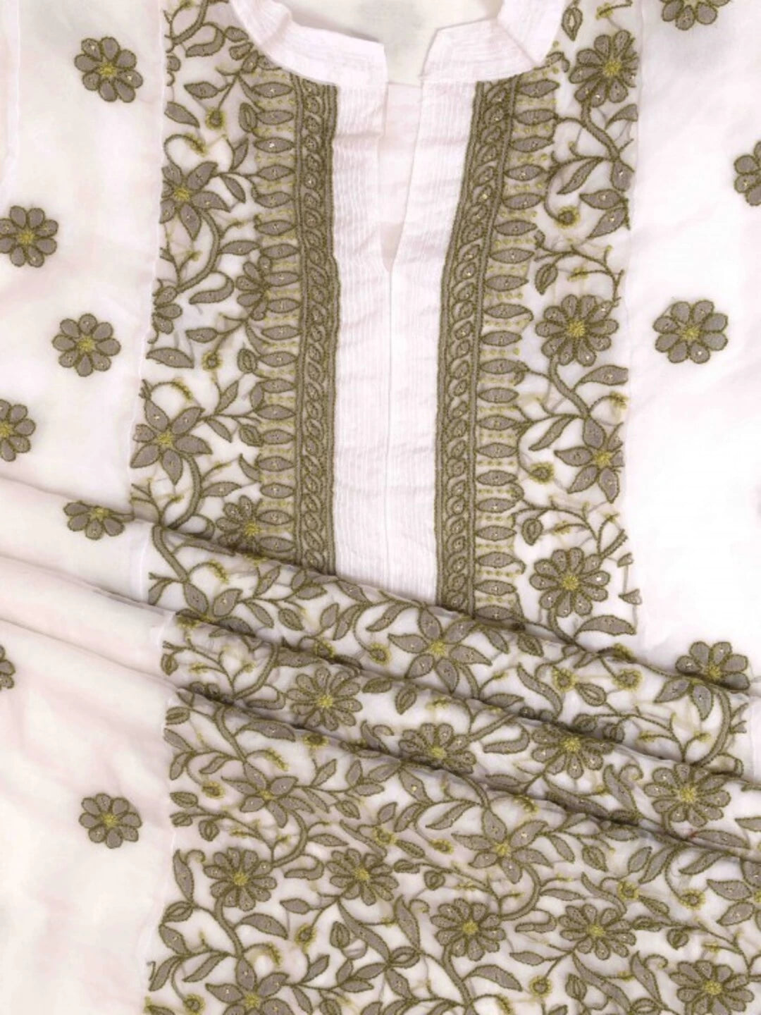 Ada Hand Embroidered White Organza Lucknowi Chikankari Unstitched Kurta Piece With Muqaish Work 01A12212