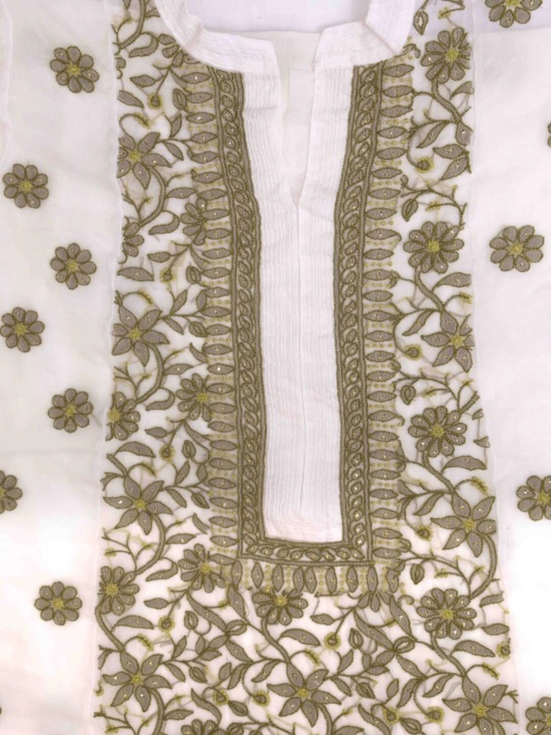 Ada Hand Embroidered White Organza Lucknowi Chikankari Unstitched Kurta Piece With Muqaish Work 01A12212