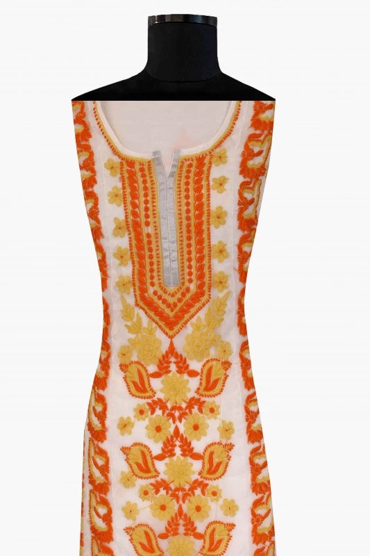 Ada Hand Embroidered White Organza Lucknowi Chikankari Unstitched Kurta Piece 01A112669