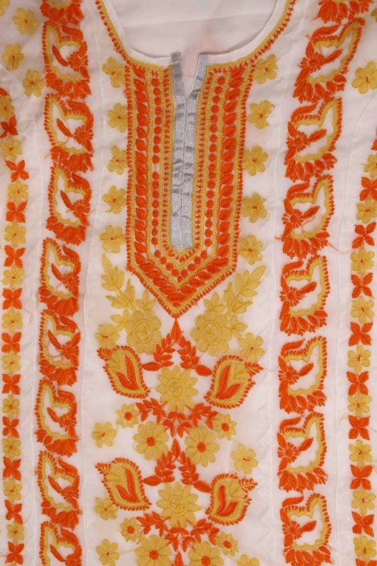 Ada Hand Embroidered White Organza Lucknowi Chikankari Unstitched Kurta Piece 01A112669