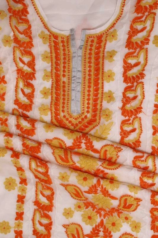Ada Hand Embroidered White Organza Lucknowi Chikankari Unstitched Kurta Piece 01A112669