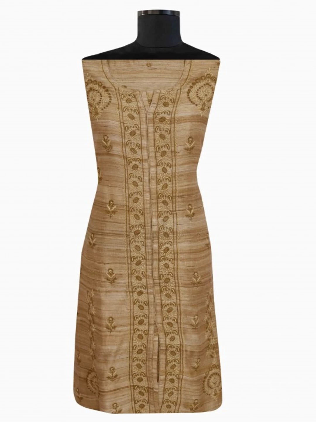 Ada Hand Embroidered Natural Fawn Ghicha Silk Lucknowi Chikankari Unstitched Kurta Piece A602711