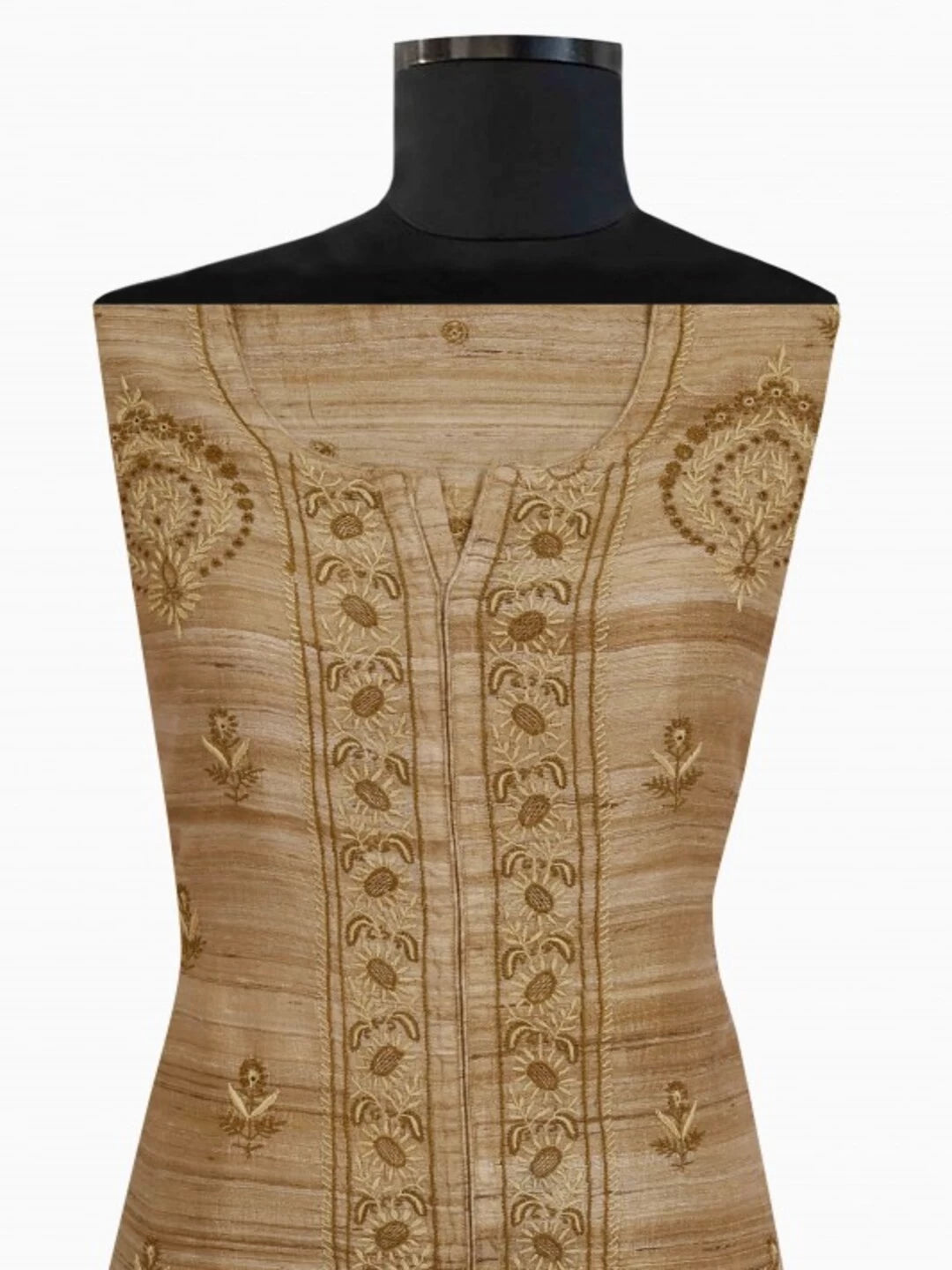 Ada Hand Embroidered Natural Fawn Ghicha Silk Lucknowi Chikankari Unstitched Kurta Piece A602711