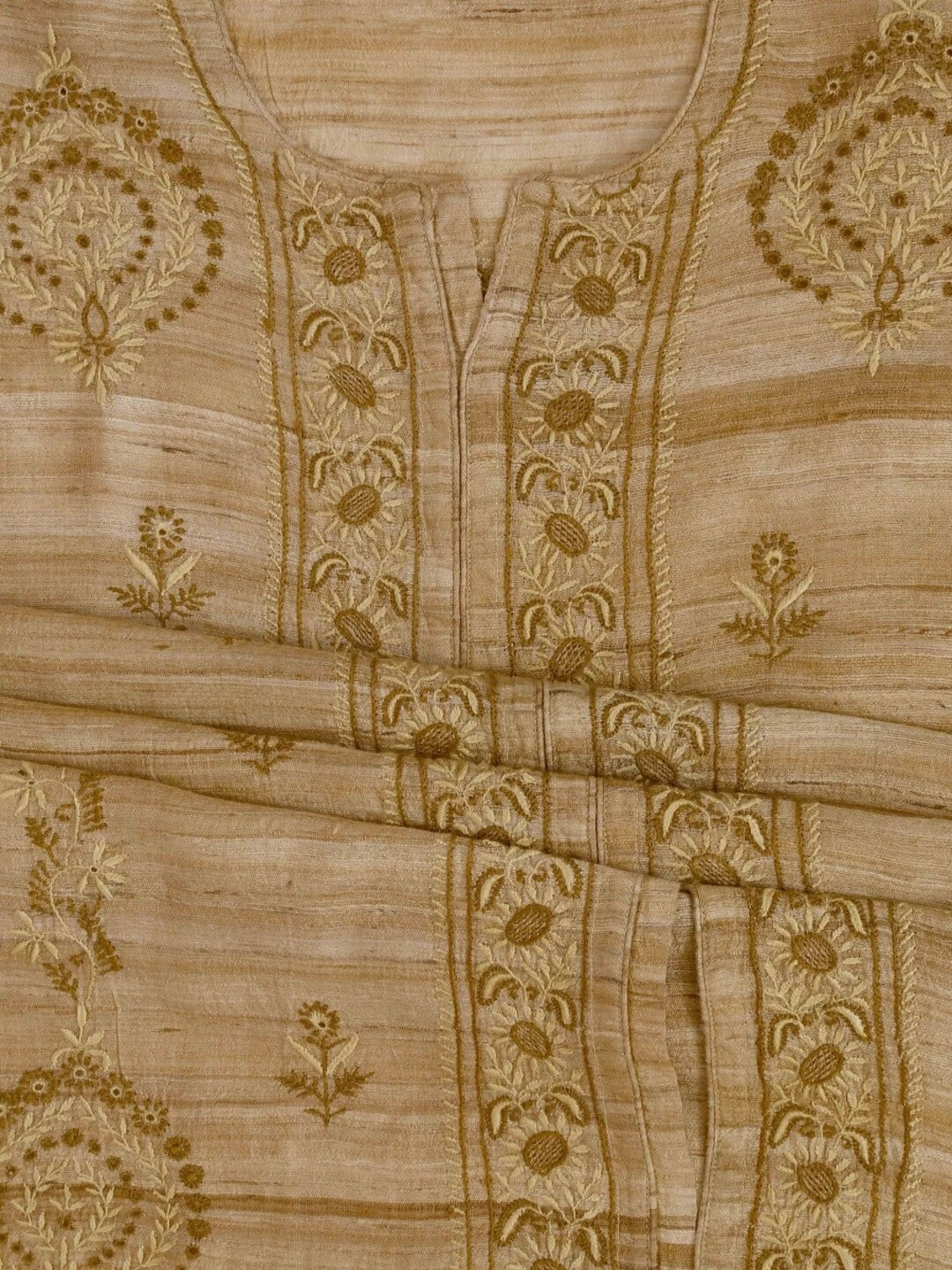 Ada Hand Embroidered Natural Fawn Ghicha Silk Lucknowi Chikankari Unstitched Kurta Piece A602711