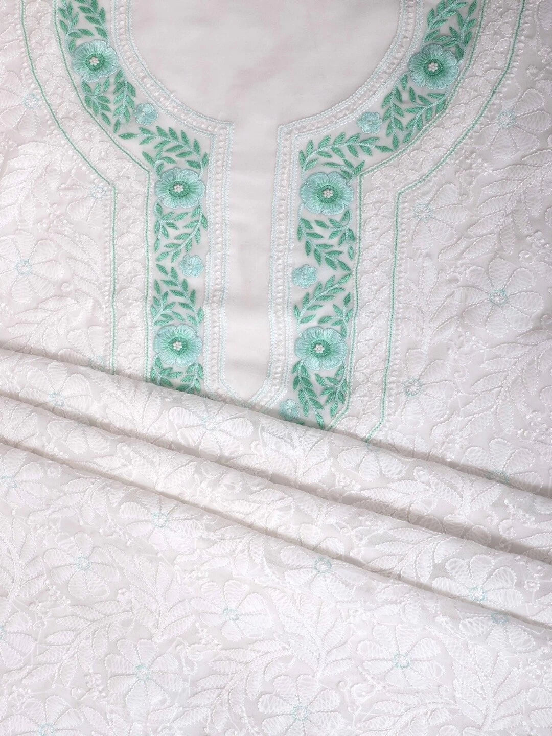 Ada Hand Embroidered White Georgette Lucknowi Chikankari Unstitched Kurta Piece With Pearl Work A416736