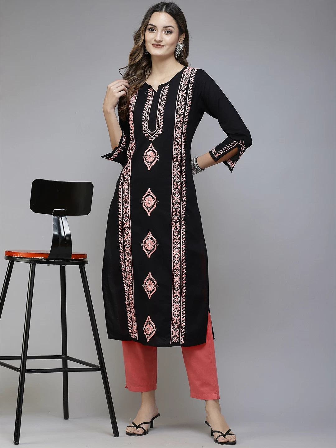 Ada Hand Embroidered Black Cotton Lucknowi Chikan Straight Kurta A411391
