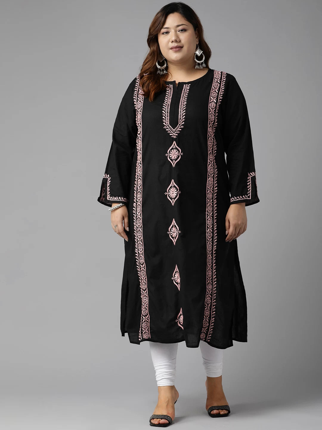 Ada Hand Embroidered Black Cotton Lucknowi Chikan Straight Kurta A411391