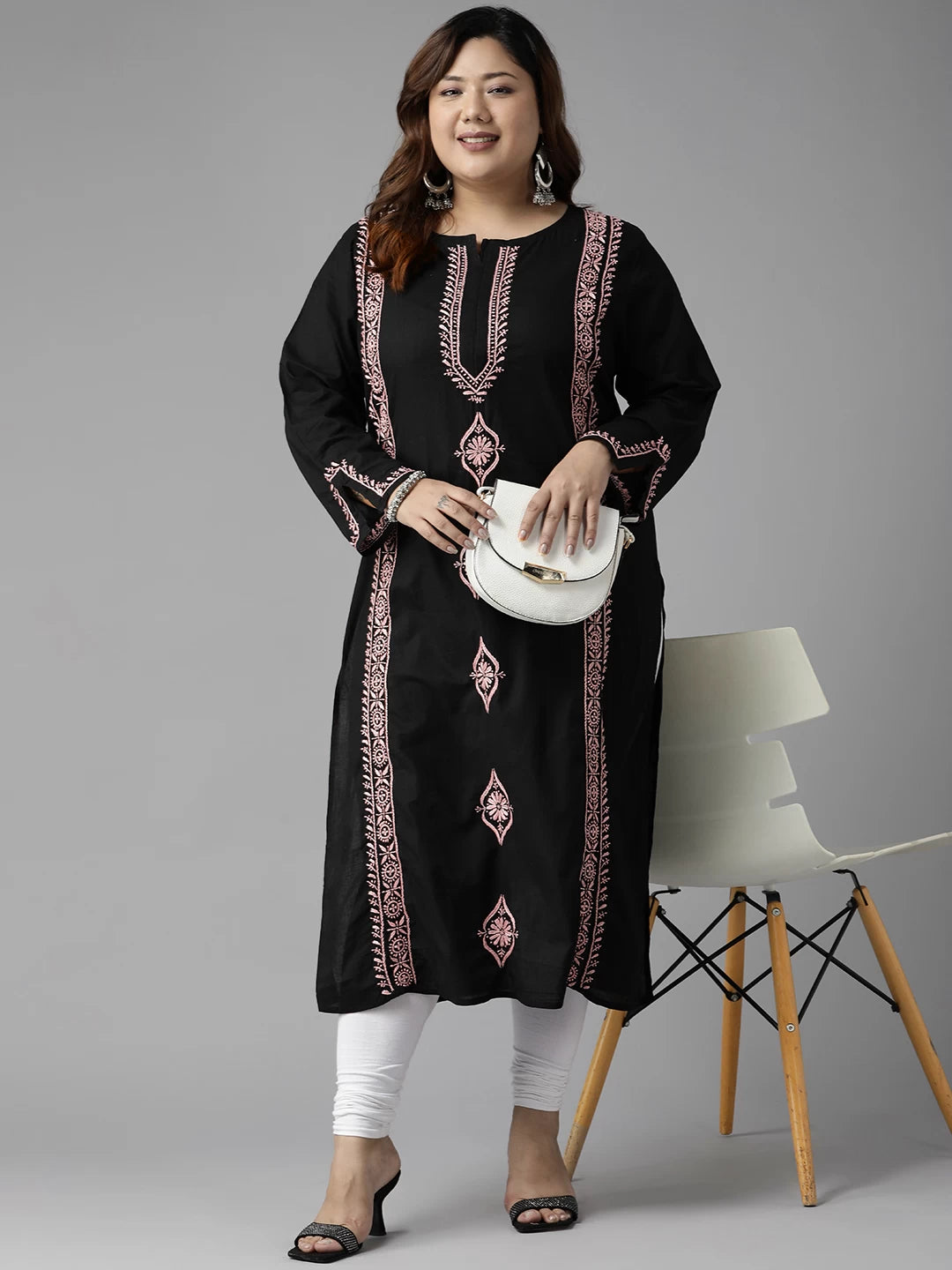 Ada Hand Embroidered Black Cotton Lucknowi Chikan Straight Kurta A411391