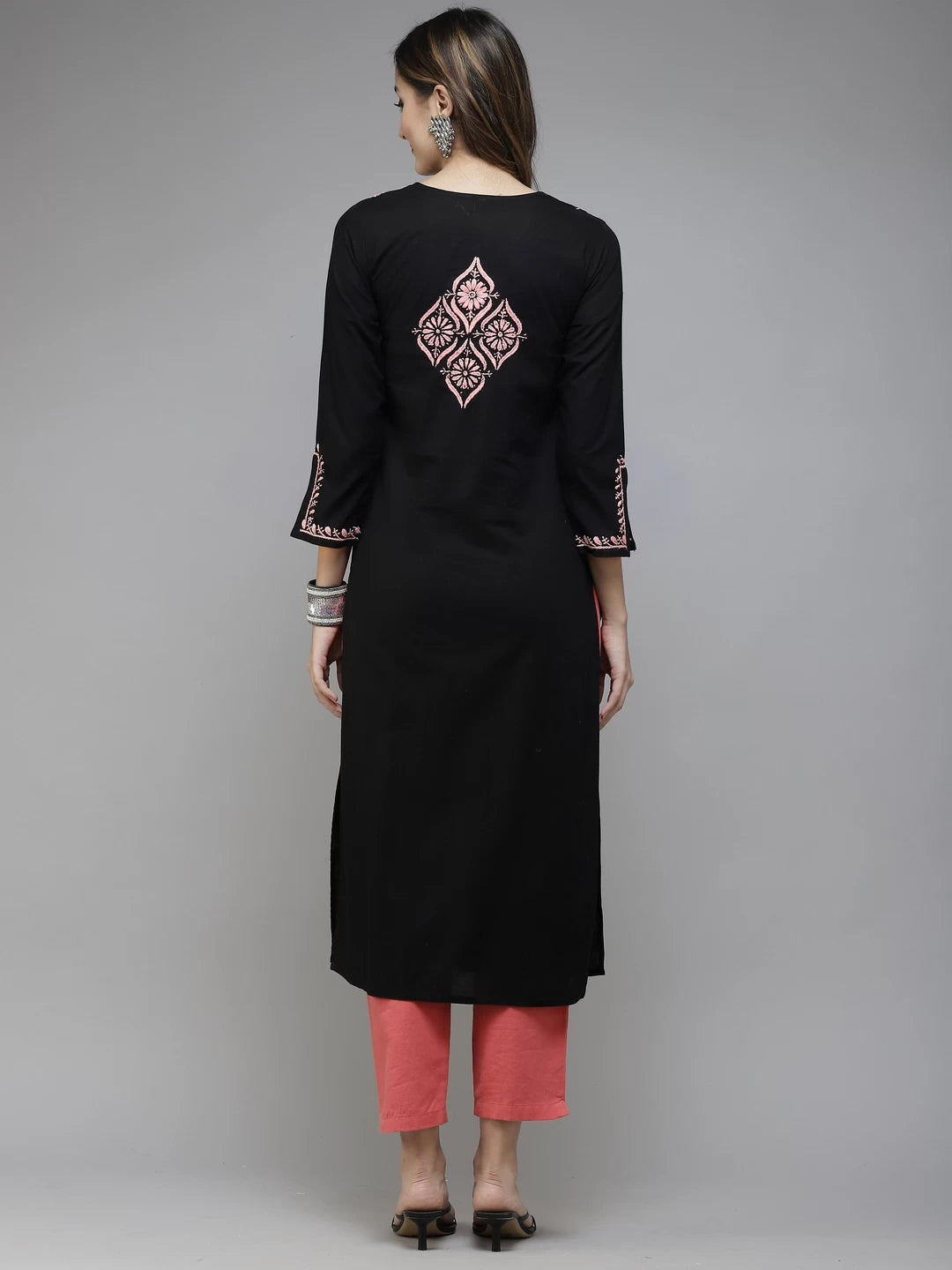 Ada Hand Embroidered Black Cotton Lucknowi Chikan Straight Kurta A411391