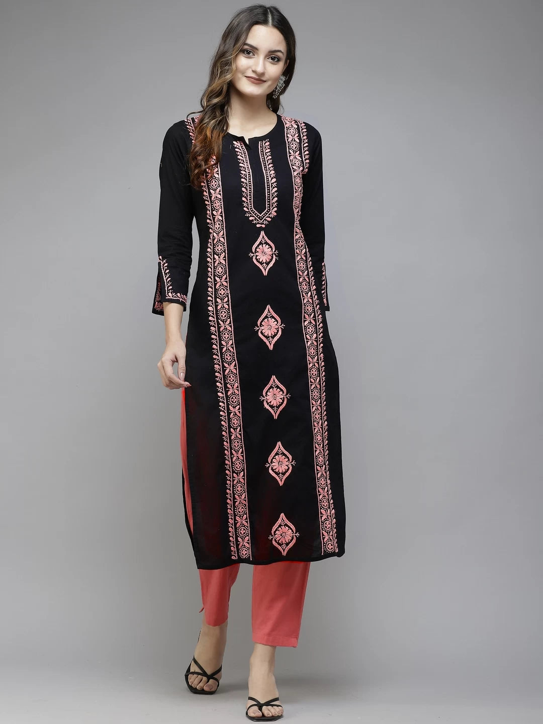 Ada Hand Embroidered Black Cotton Lucknowi Chikan Straight Kurta A411391