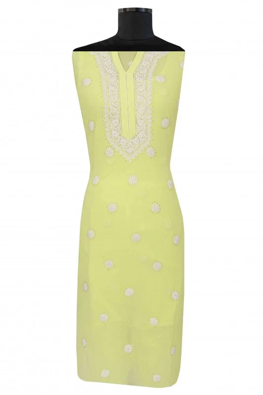 Ada Hand Embroidered Lemon Pure Georgette Lucknowi Chikankari Unstitched Kurta Piece With Muqaish Work A482880