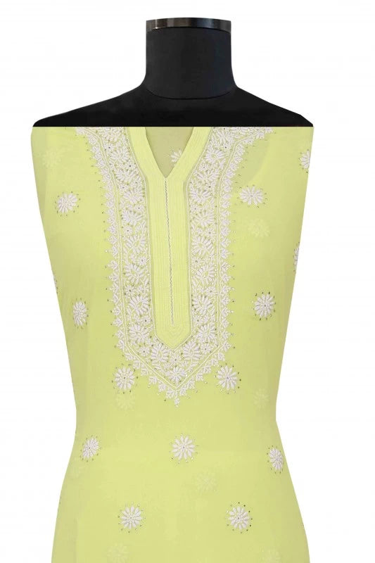 Ada Hand Embroidered Lemon Pure Georgette Lucknowi Chikankari Unstitched Kurta Piece With Muqaish Work A482880