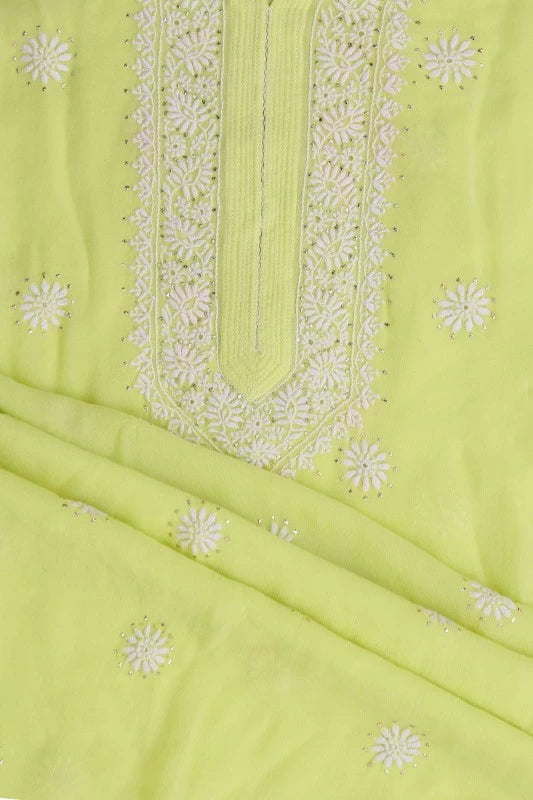 Ada Hand Embroidered Lemon Pure Georgette Lucknowi Chikankari Unstitched Kurta Piece With Muqaish Work A482880