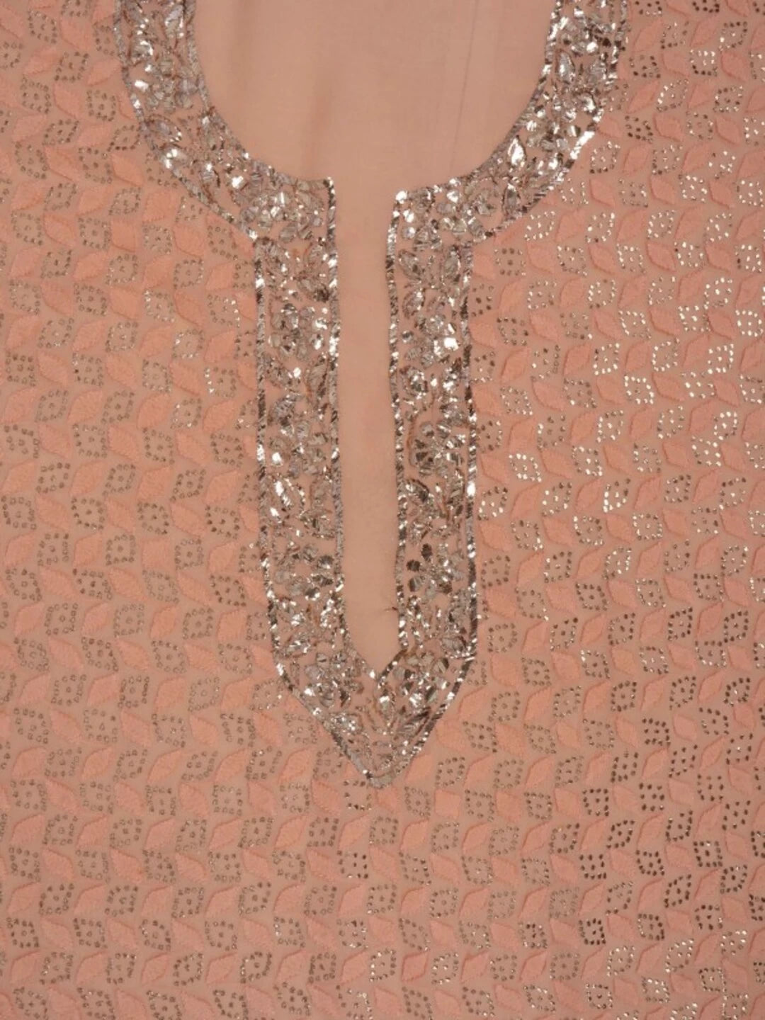 Ada Hand Embroidered Peach Georgette Lucknowi Chikankari Unstitched Kurta Piece With Muqaish Work 01A128042