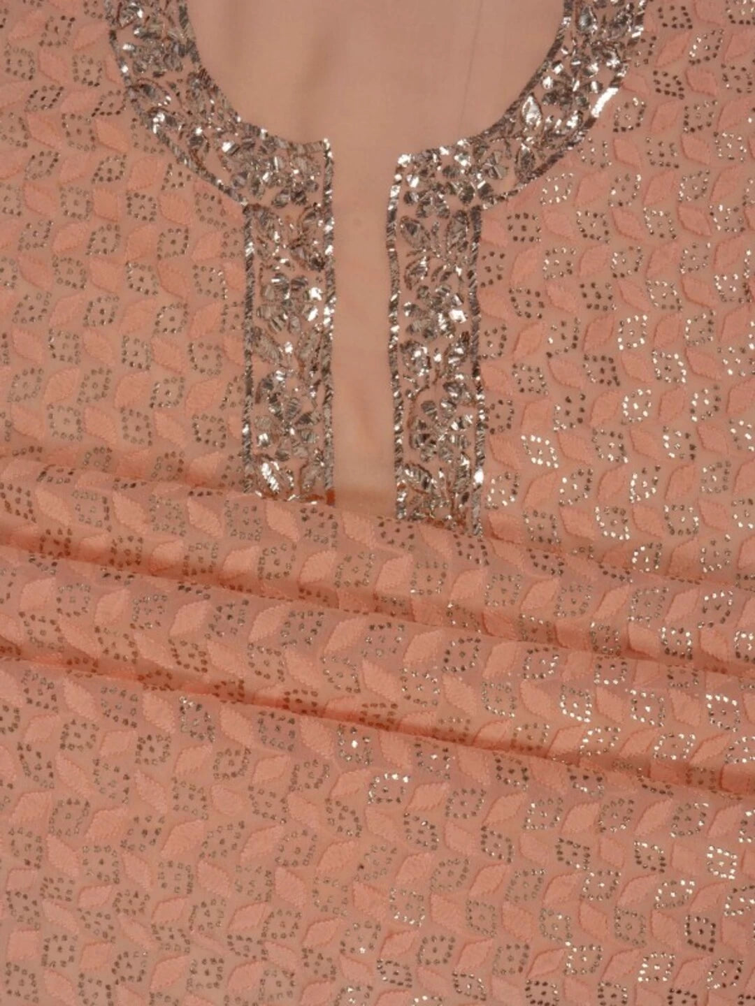 Ada Hand Embroidered Peach Georgette Lucknowi Chikankari Unstitched Kurta Piece With Muqaish Work 01A128042