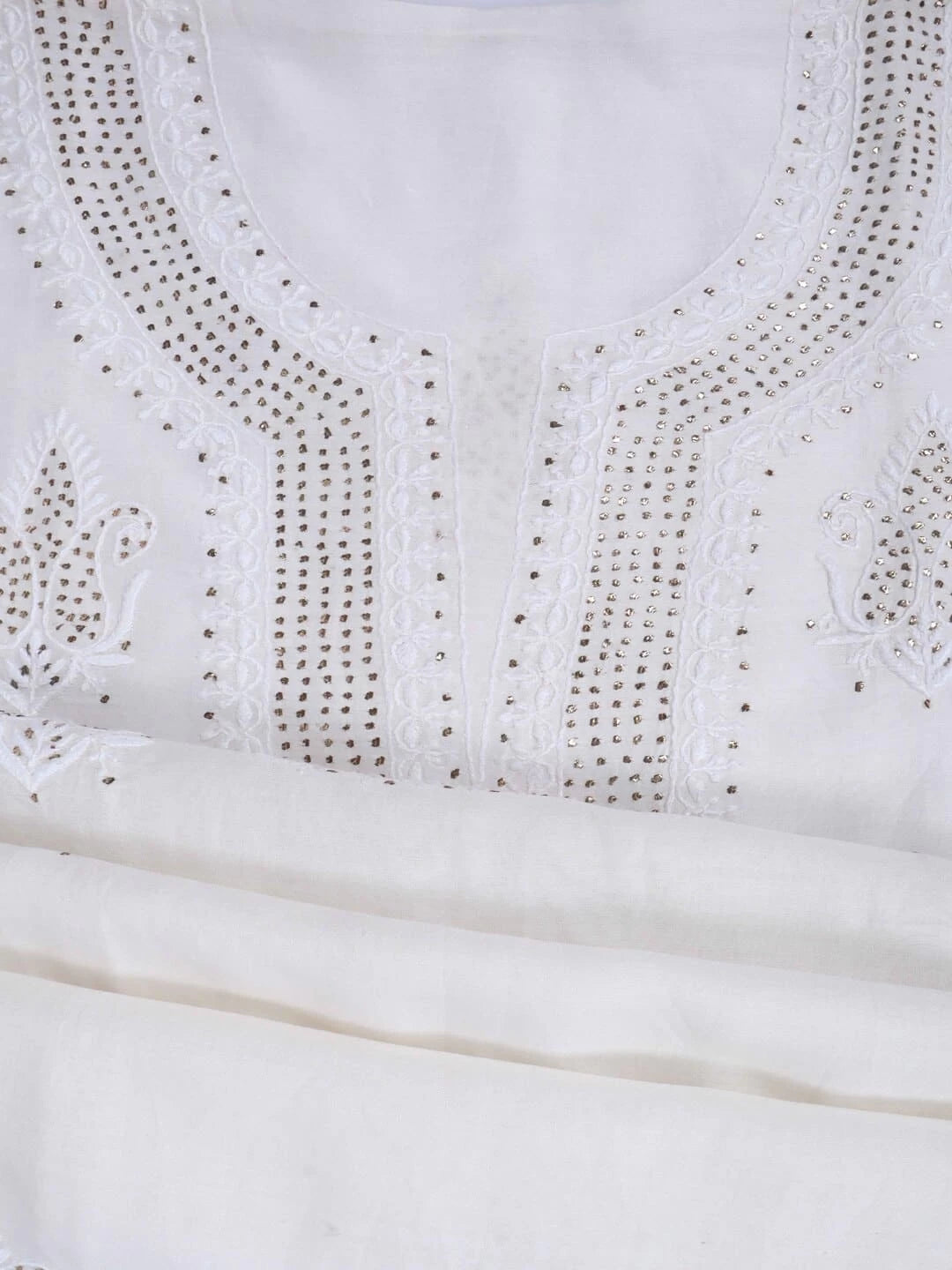 Ada Hand Embroidered White Chanderi Lucknowi Chikankari Unstitched Kurta Piece With Muqaish Work A523224