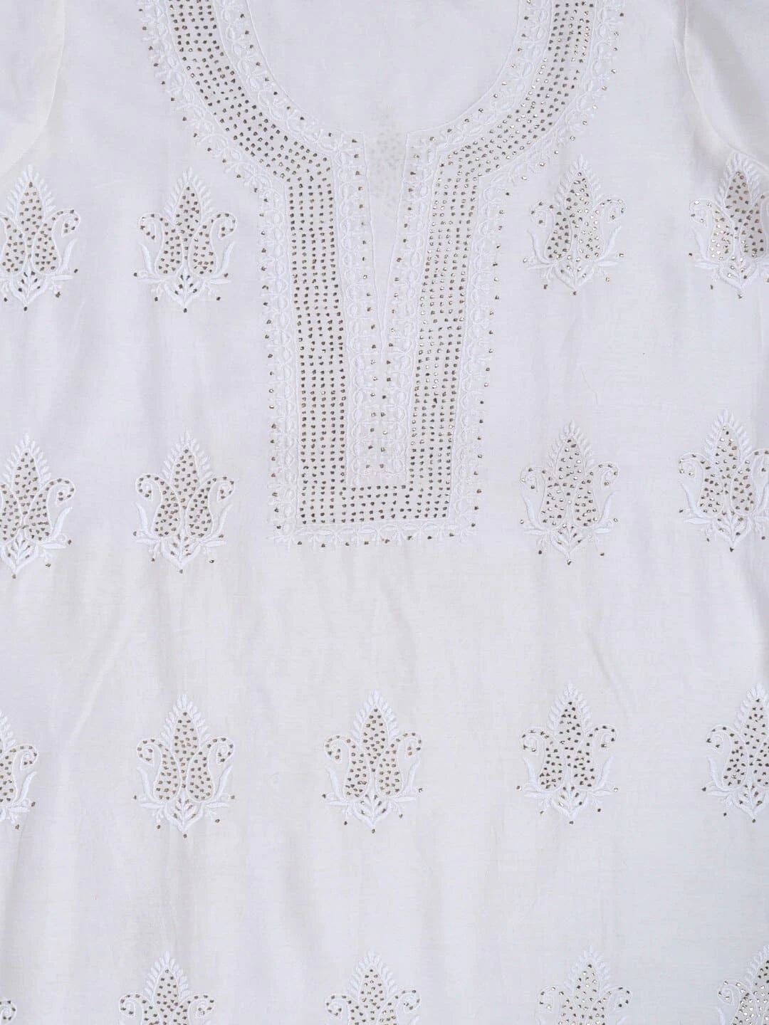 Ada Hand Embroidered White Chanderi Lucknowi Chikankari Unstitched Kurta Piece With Muqaish Work A523224