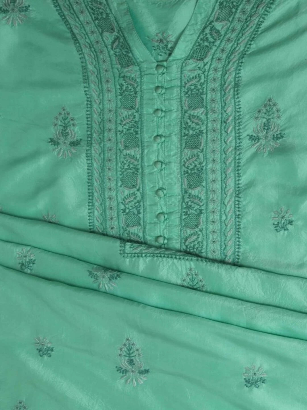 Ada Hand Embroidered Sea Green Silk Lucknowi Chikankari Semi-Stitched Kurta Piece A617181