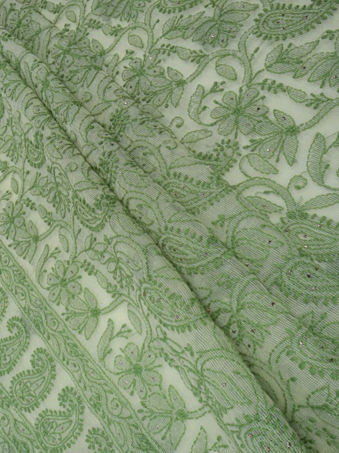 Ada Hand Embroidered Lime Green Kota Lucknowi Chikankari Unstitched Kurta Piece With Muqaish Work 01A129466
