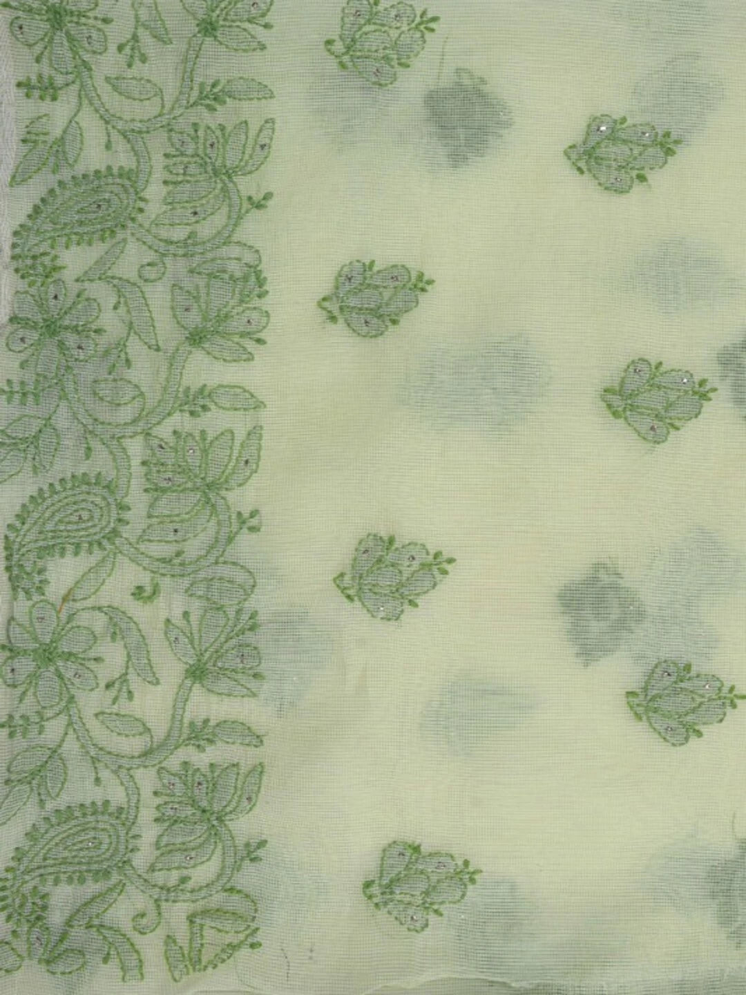 Ada Hand Embroidered Lime Green Kota Lucknowi Chikankari Unstitched Kurta Piece With Muqaish Work 01A129466