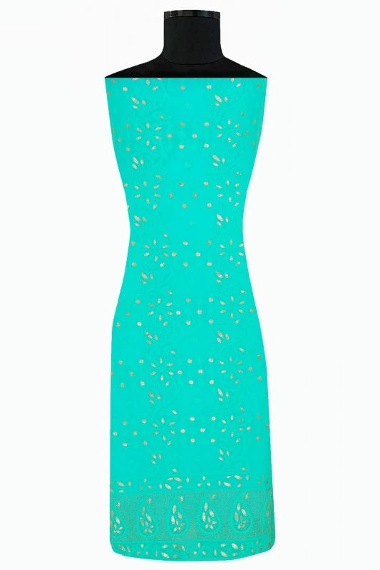 Ada Hand Embroidered Sea Green Georgette Lucknowi Chikankari Unstitched Kurta Piece With Gota Patti Work A597678