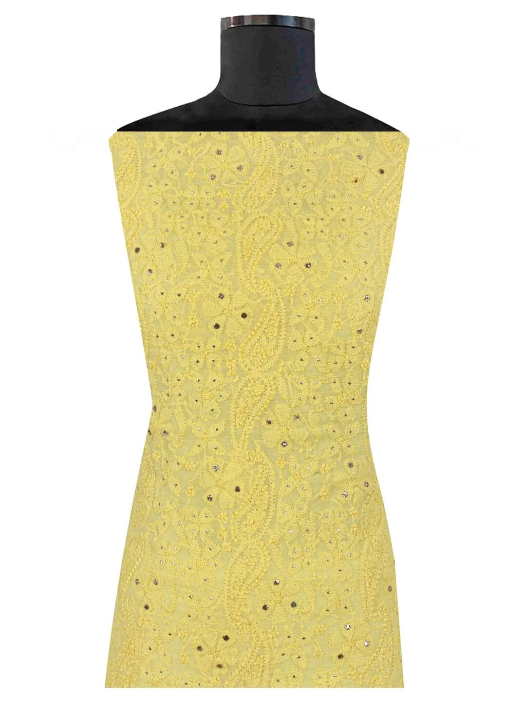 Ada Hand Embroidered Lemon Chanderi Lucknowi Chikankari Unstitched Kurta Piece With Muqaish Work 01A128084