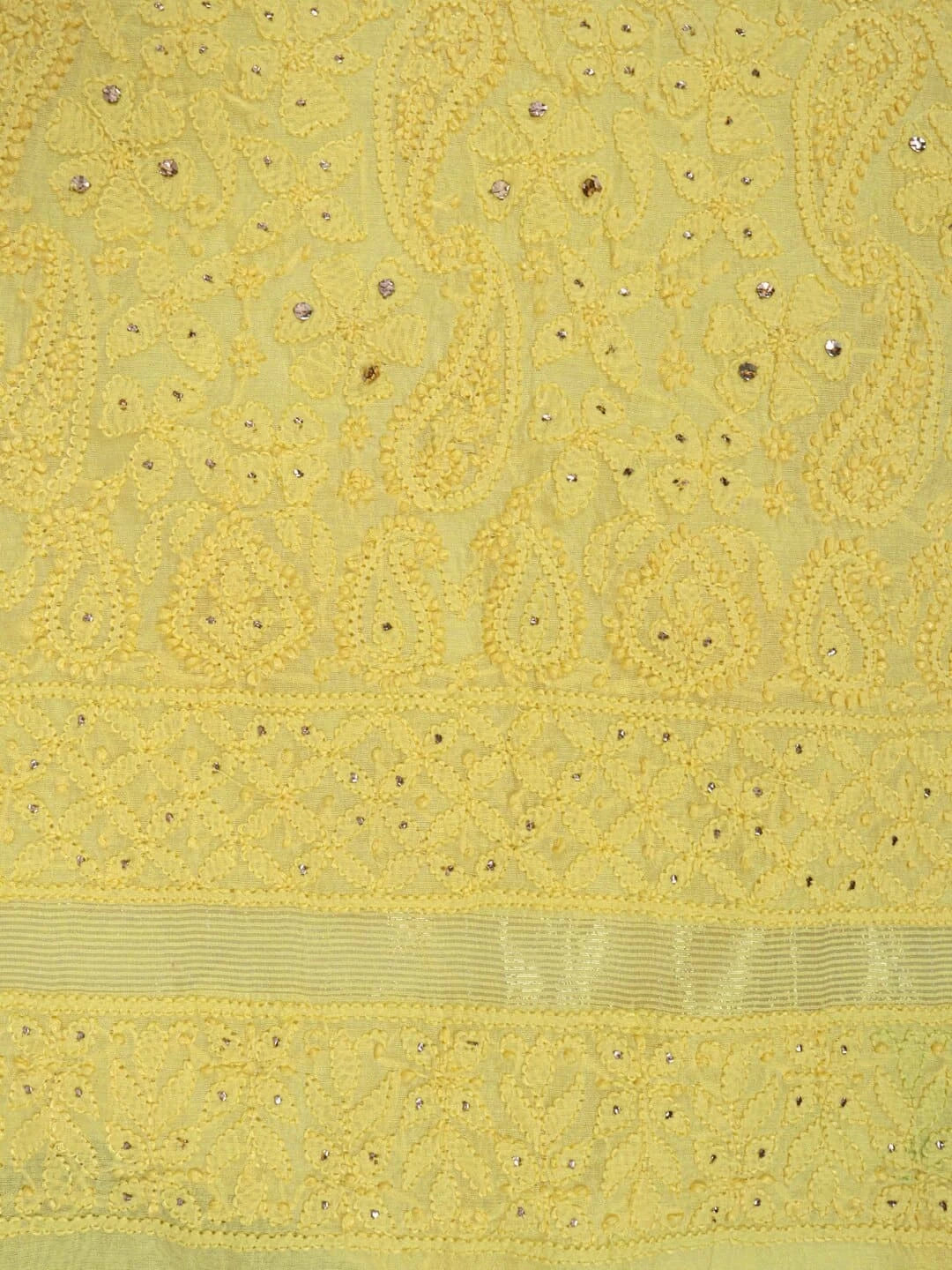 Ada Hand Embroidered Lemon Chanderi Lucknowi Chikankari Unstitched Kurta Piece With Muqaish Work 01A128084