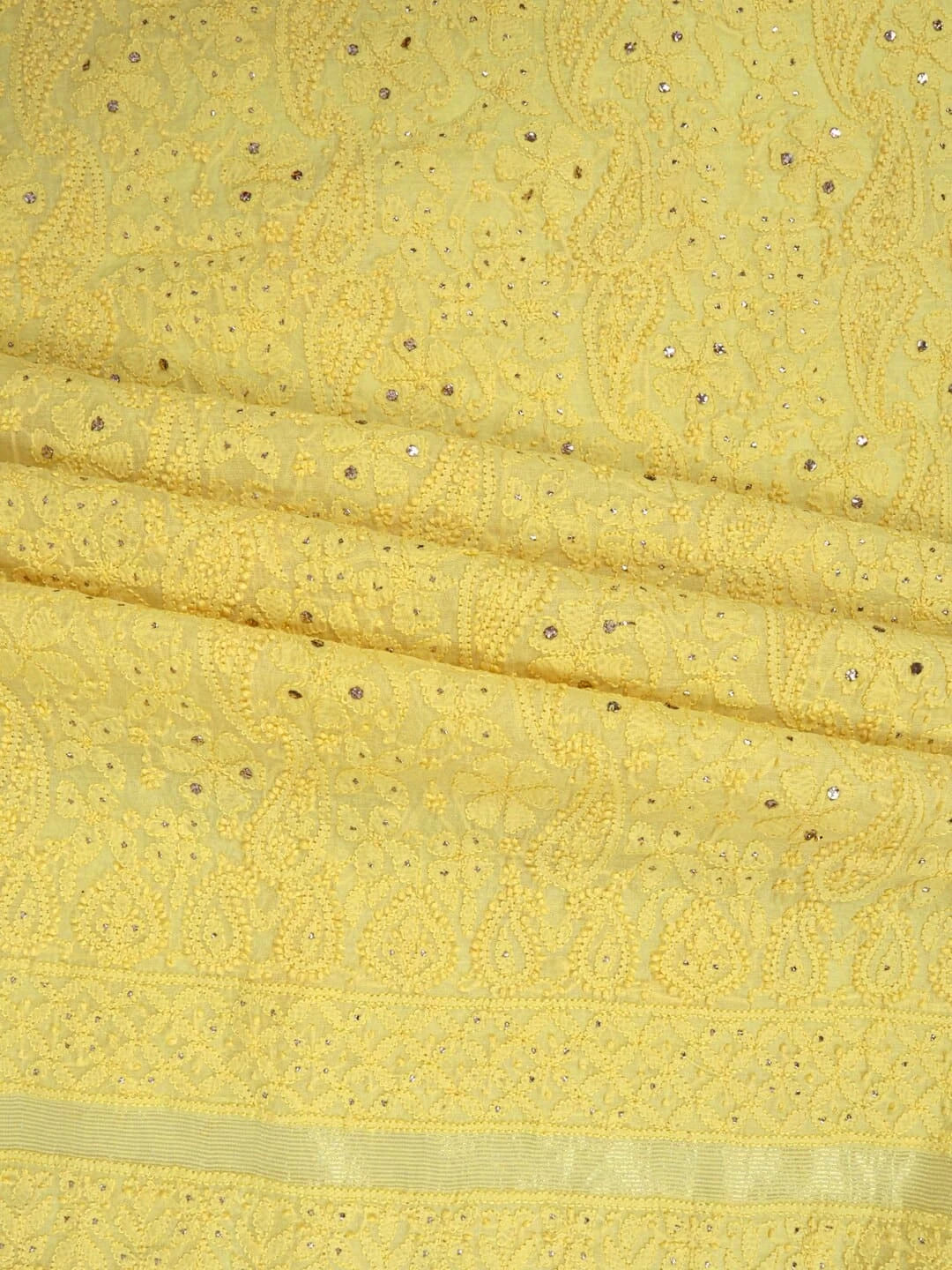 Ada Hand Embroidered Lemon Chanderi Lucknowi Chikankari Unstitched Kurta Piece With Muqaish Work 01A128084