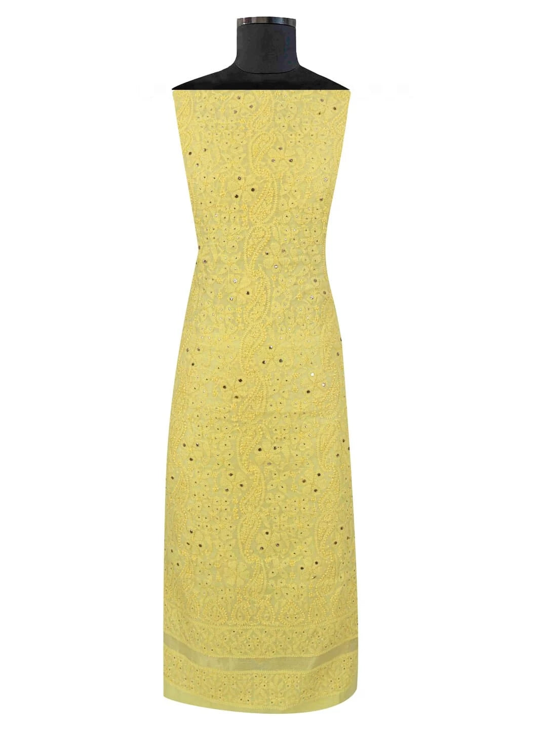 Ada Hand Embroidered Lemon Chanderi Lucknowi Chikankari Unstitched Kurta Piece With Muqaish Work 01A128084