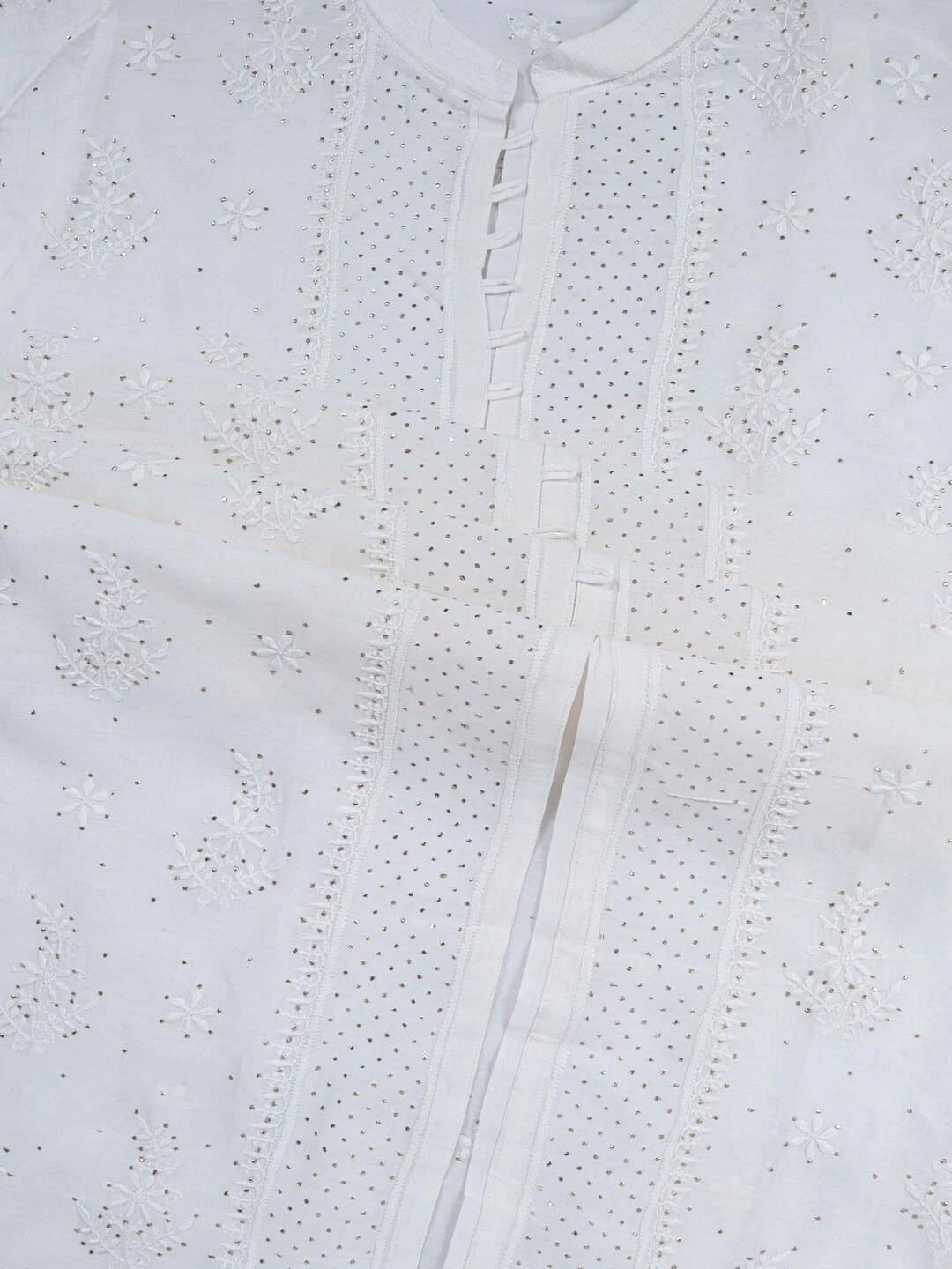 Ada Hand Embroidered White Chanderi Lucknowi Chikankari Semi-stitched Kurta Piece With Muqaish Work A561319