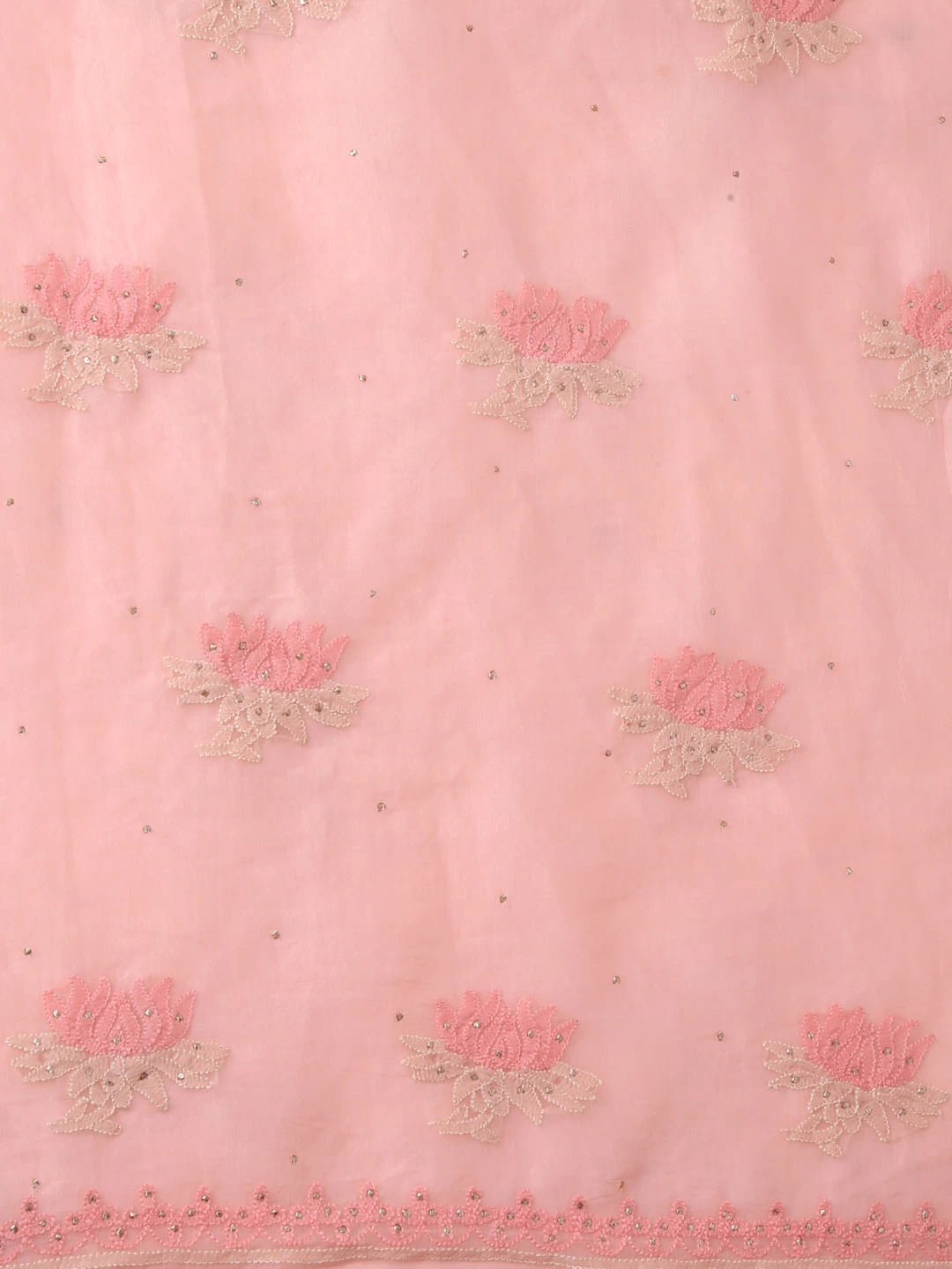 Ada Hand Embroidered Peach Organza Lucknowi Chikankari Unstitched Kurta Dupatta Set With Muqaish Work 01A376288