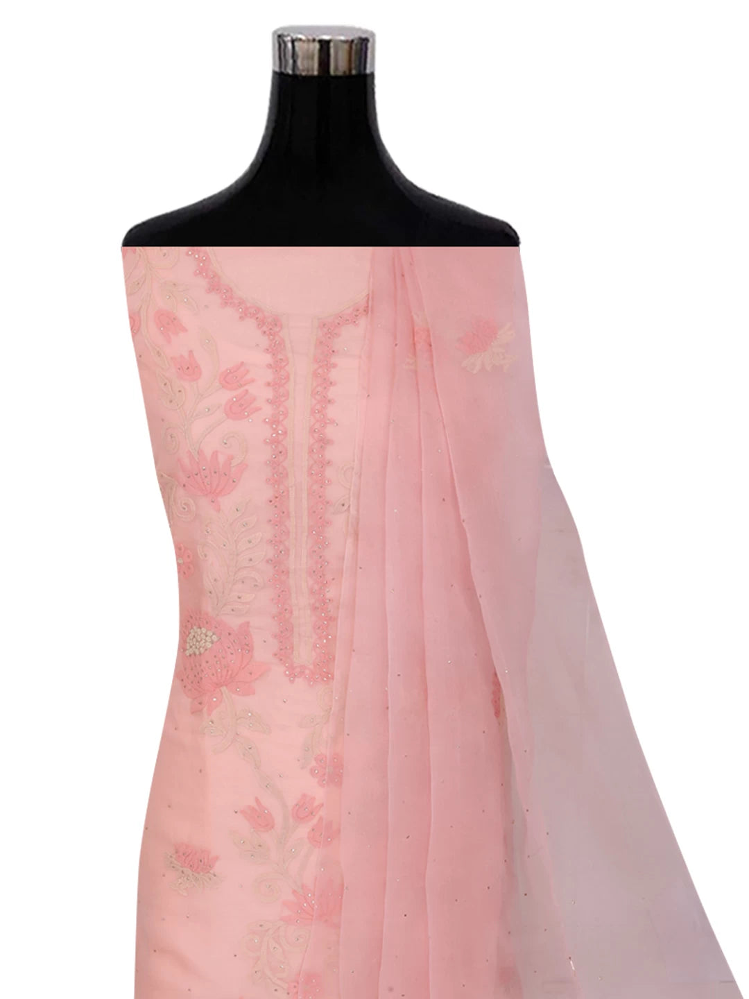 Ada Hand Embroidered Peach Organza Lucknowi Chikankari Unstitched Kurta Dupatta Set With Muqaish Work 01A376288
