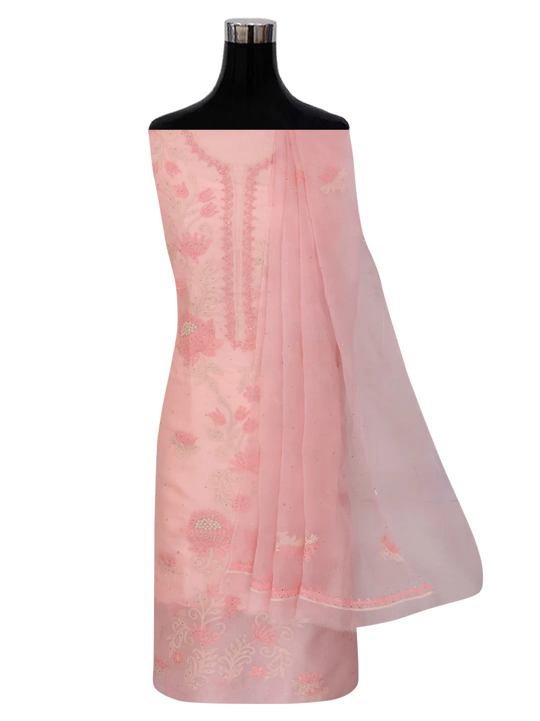 Ada Hand Embroidered Peach Organza Lucknowi Chikankari Unstitched Kurta Dupatta Set With Muqaish Work 01A376288