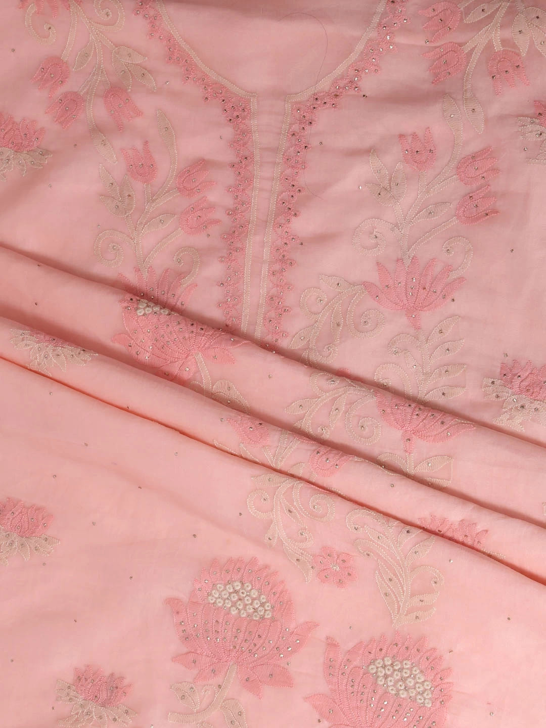 Ada Hand Embroidered Peach Organza Lucknowi Chikankari Unstitched Kurta Dupatta Set With Muqaish Work 01A376288