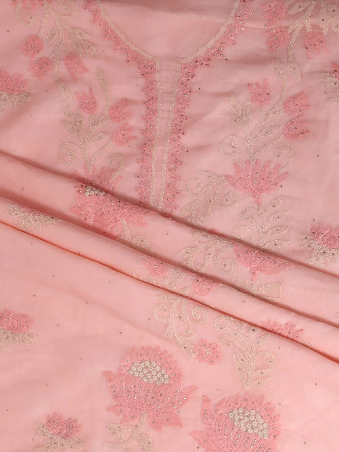 Ada Hand Embroidered Peach Organza Lucknowi Chikankari Unstitched Kurta Dupatta Set With Muqaish Work 01A376288
