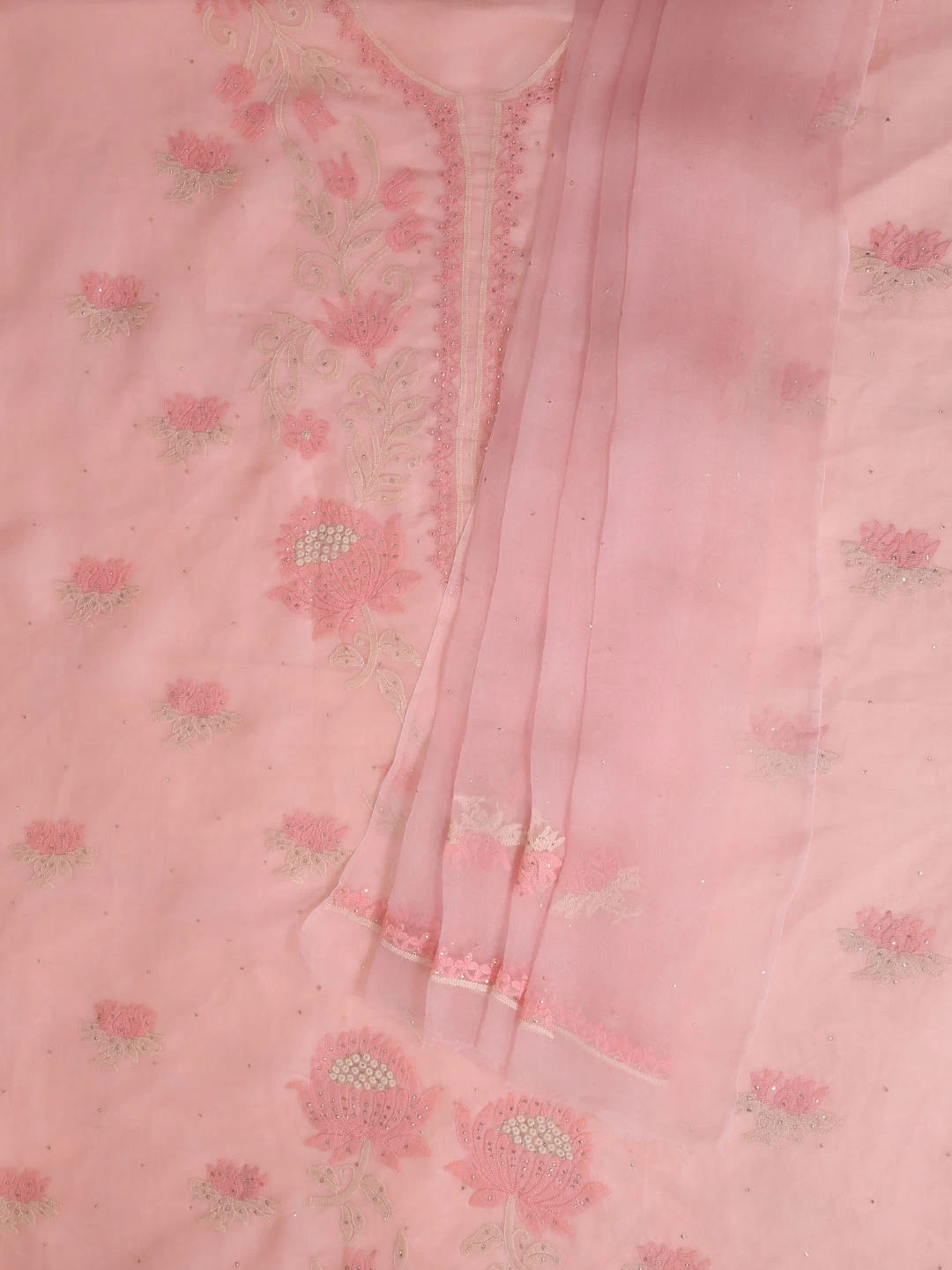 Ada Hand Embroidered Peach Organza Lucknowi Chikankari Unstitched Kurta Dupatta Set With Muqaish Work 01A376288