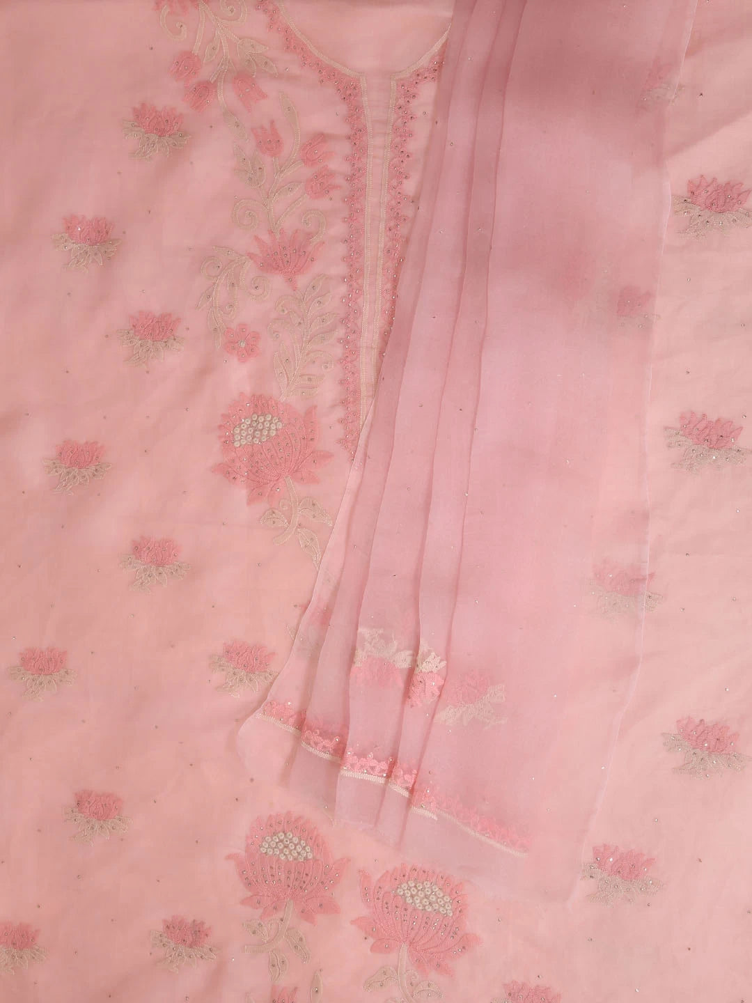 Ada Hand Embroidered Peach Organza Lucknowi Chikankari Unstitched Kurta Dupatta Set With Muqaish Work 01A376288