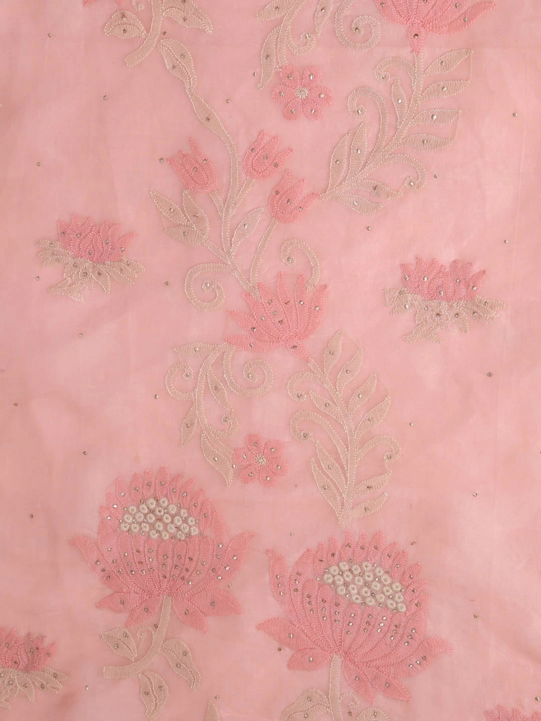 Ada Hand Embroidered Peach Organza Lucknowi Chikankari Unstitched Kurta Dupatta Set With Muqaish Work 01A376288