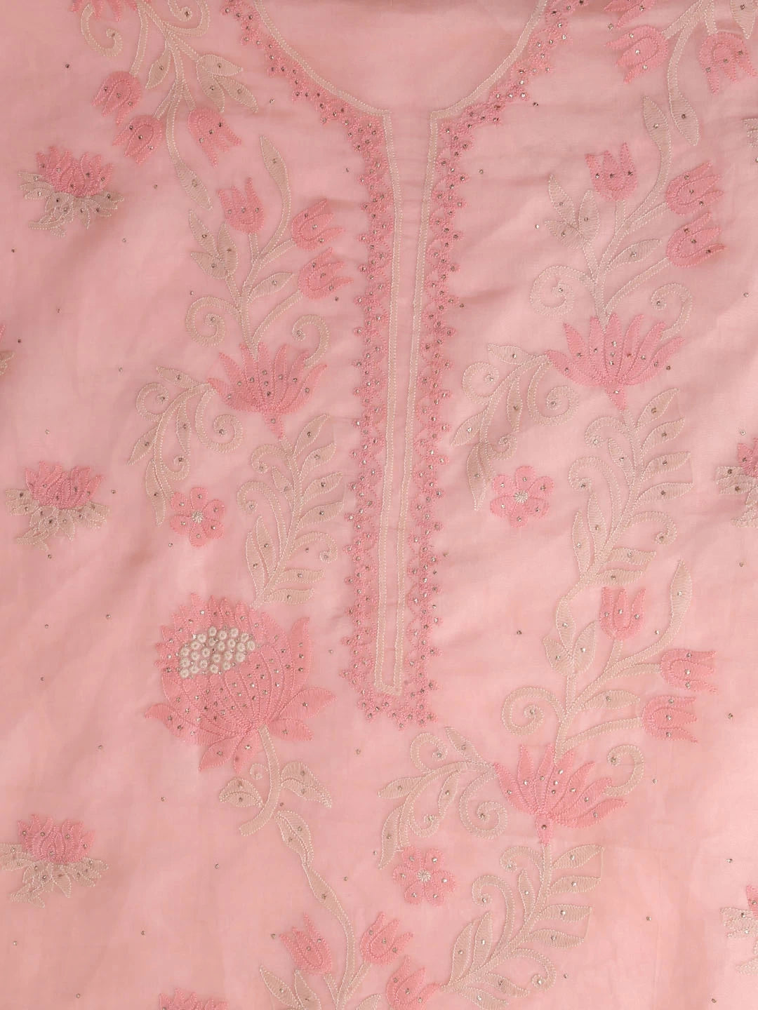 Ada Hand Embroidered Peach Organza Lucknowi Chikankari Unstitched Kurta Dupatta Set With Muqaish Work 01A376288