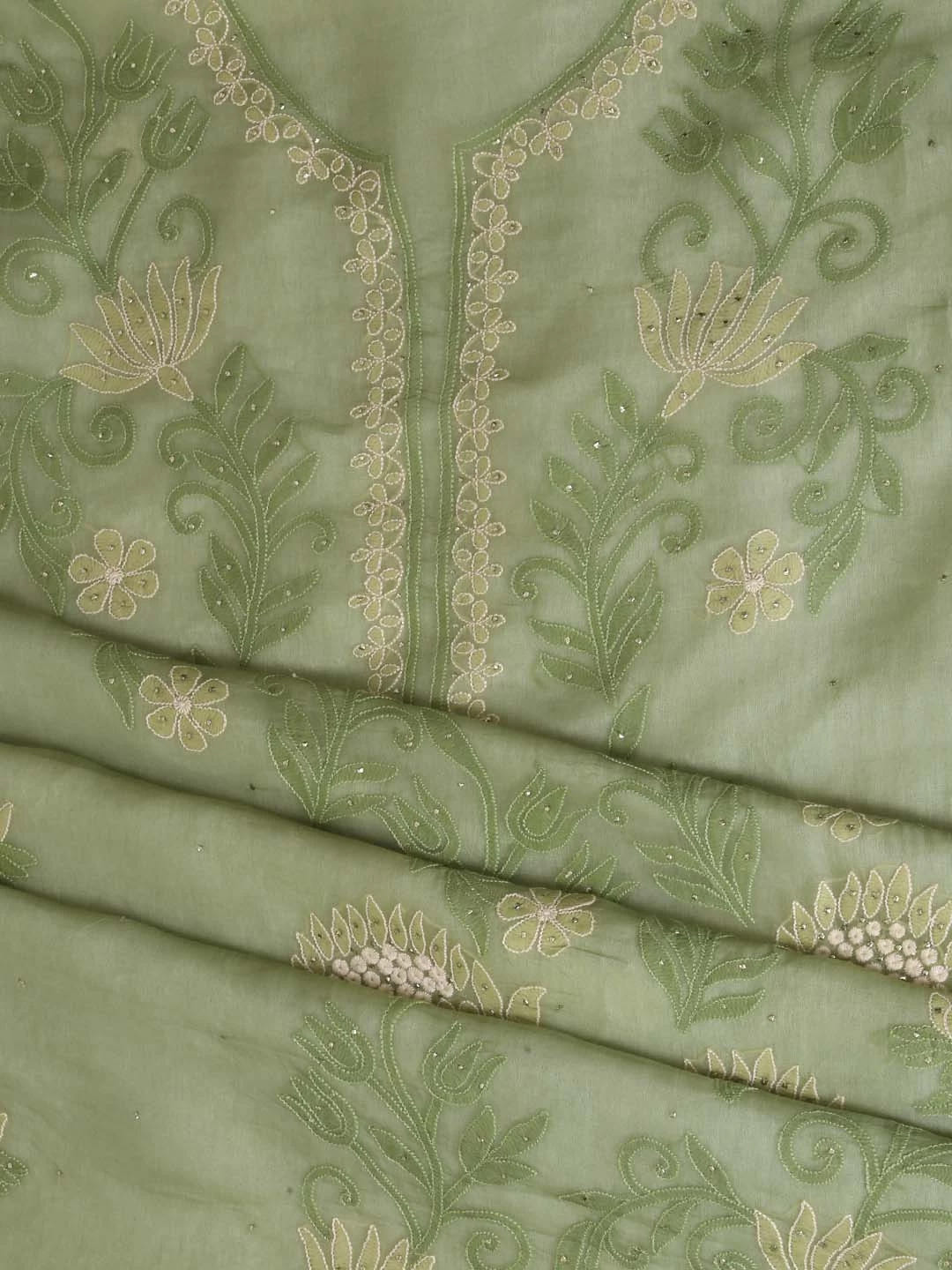 Ada Hand Embroidered Mehendi Green Organza Lucknowi Chikankari Unstitched Kurta Dupatta Set With Muqaish Work 01A376293