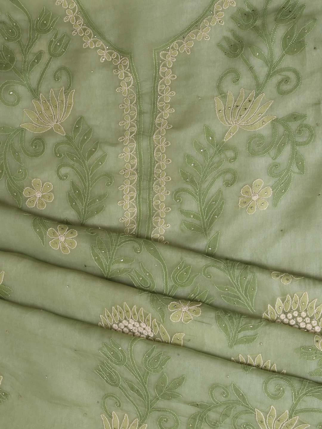 Ada Hand Embroidered Mehendi Green Organza Lucknowi Chikankari Unstitched Kurta Dupatta Set With Muqaish Work 01A376293