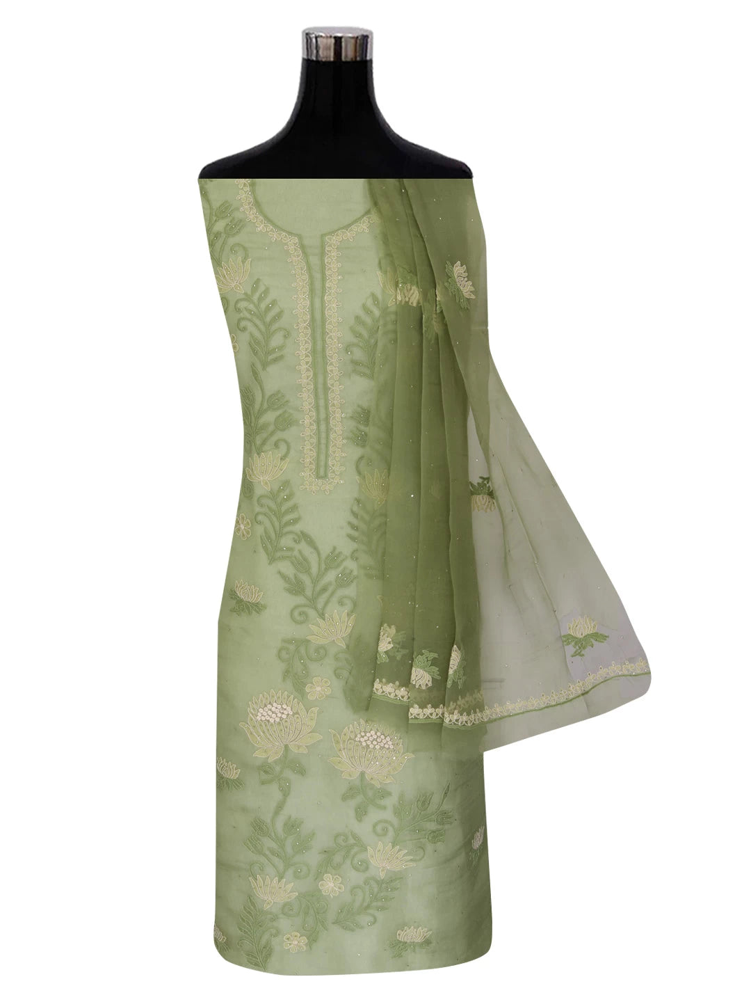 Ada Hand Embroidered Mehendi Green Organza Lucknowi Chikankari Unstitched Kurta Dupatta Set With Muqaish Work 01A376293