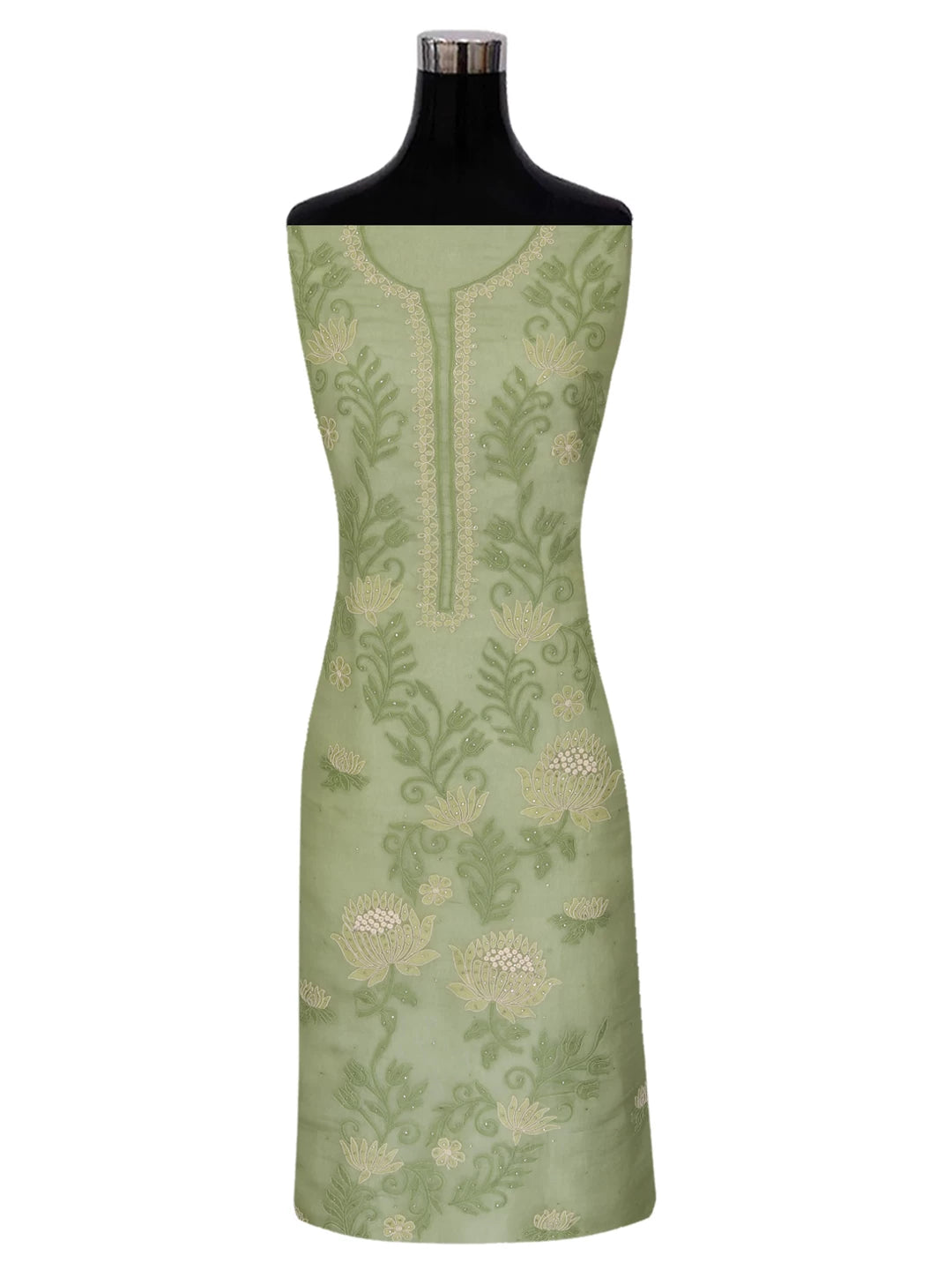 Ada Hand Embroidered Mehendi Green Organza Lucknowi Chikankari Unstitched Kurta Dupatta Set With Muqaish Work 01A376293